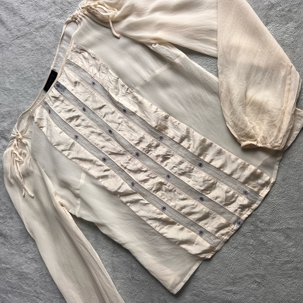 Vintage The Limited Silk Sheer Lace Inset Embroidered Floral Tie Blouse Ivory